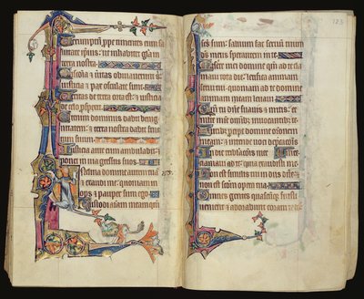 Ms 1-2005, ff.122v-123r: Groteszk marginális díszítés a Macclesfield Zsoltárból, Sarum használata, East Anglia, 1330 körül alkotó: English School