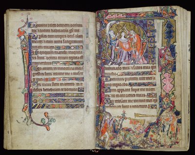 Ms 1-2005, ff.38v-39r: Dávid felkenése, történetileg D kezdőbetűje a Macclesfield Zsoltárból, Use of Sarum, East Anglia, 1330 körül alkotó: English School