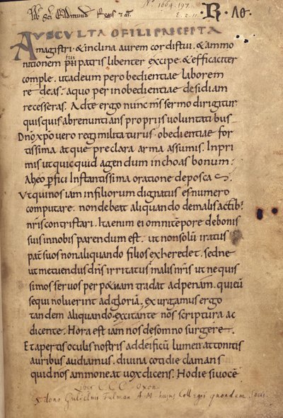 Ms. 197 f.1r Szent Benedek regulája alkotó: English School