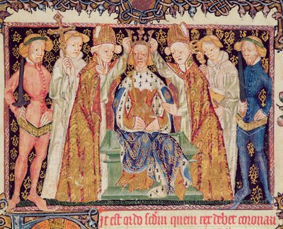 Ms 197 f.3r Király koronázása, Liber Regalistól alkotó: English School