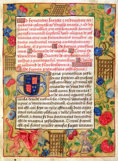 Ms 261 fol.1r oldal a pestistraktusok latin és angol nyelvű gyűjteményéből, 1500 körül alkotó: English School