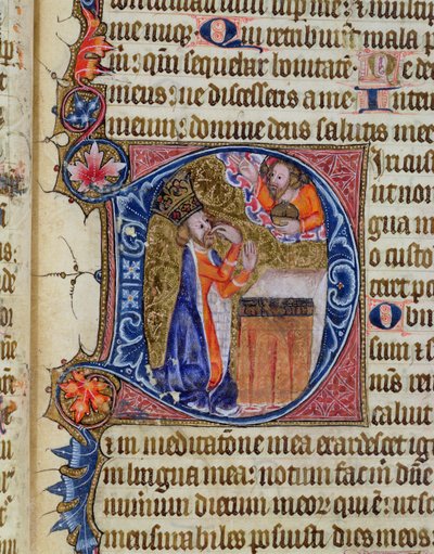Ms 26 f.22r. 38. zsoltár, Dávid a szájára mutat, a Ramsey Abbey Zsoltárból, 1380 körül alkotó: English School