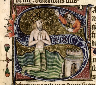 Ms 26 f.34r. 68. zsoltár, Dávid vízbefulladása, a Ramsey Abbey Zsoltárból, 1380 körül alkotó: English School