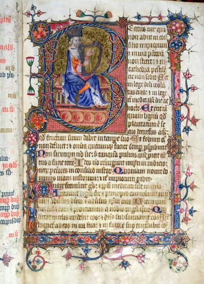 Ms 26 fol.7r. 1. zsoltár, David hárfa, a Ramsey Abbey Zsoltárból, 1380 körül alkotó: English School
