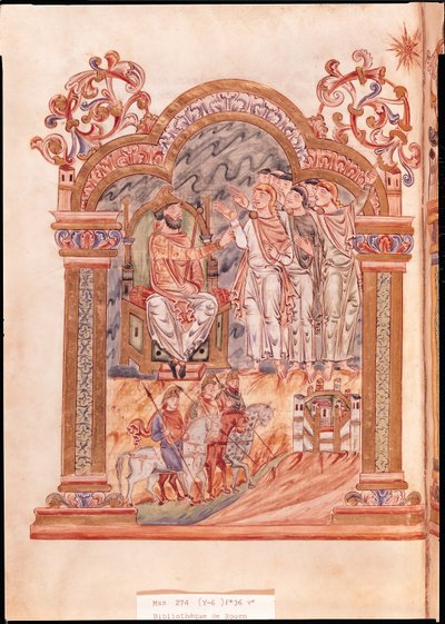 Ms 274 (Y-6) fol.36v A mágusok meglátogatják Heródes királyt, Jumieges Róbert misekönyvéből, 1016 körül alkotó: English School
