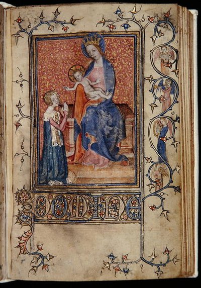 Ms 48, f.86r: A kézirat tulajdonosa a Szűzanyához és a Gyermekhez imádkozik, a Carew-Poyntz Hours-ból, Sarum használata, 1390-1400 körül (vellum) alkotó: English School