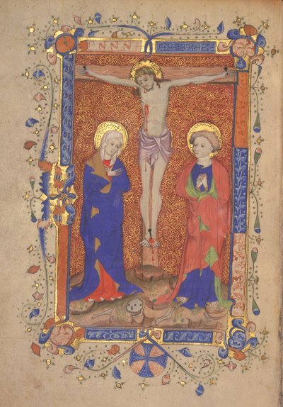 Ms 515 fol.108r Keresztre feszítés Szent Máriával és Keresztelő Szent Jánossal, St. Botolph Aldersgate misekönyvéből, 1420-30 alkotó: English School
