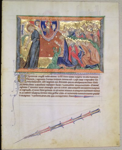 Ms L.A. 139-Lisboa fol.28 A 7. angyal trombitáját fújja és a 24 Istent imádó vén a Gulbenkian Apokalipszisből, 1265-70 körül alkotó: English School