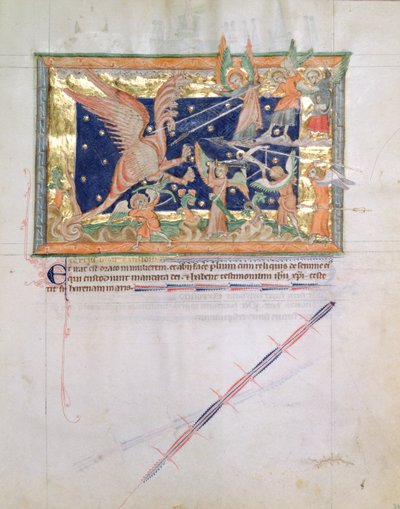 Ms L.A. 139-Lisboa fol.33 A sárkány, aki háborút vív a hívekkel, a gulbenki apokalipszisből, 1265-70 körül alkotó: English School