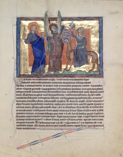 Ms L.A. 139-Lisboa fol.59 Egy angyal, aki Szent János evangélistát vezeti Babilon paráznájához, a gulbenki apokalipszisből, 1265-70 alkotó: English School