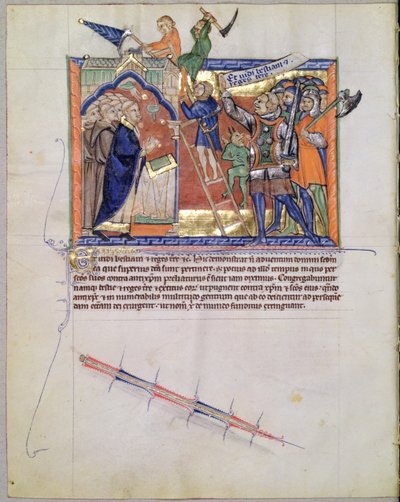 Ms L.A. 139-Lisboa fol.66 Az isteni harcos, aki sereget vezet azok ellen, akik megtámadják a híveket, a gulbenki apokalipszisből, 1265-70 körül alkotó: English School