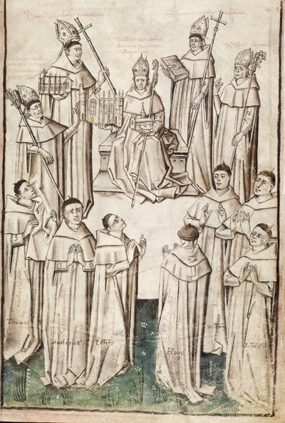 Ms. New Coll 288, f4r. (Chaundler-kézirat), William of Wykeham élete, Thomas Chaundler (toll, tinta és tempera pergamen) alkotó: English School