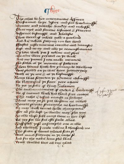 Ms. New Coll 314, f19r, The Canterbury Tales, Geoffrey Chaucer (toll és tinta pergamen) alkotó: English School