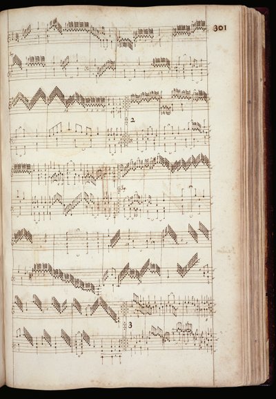Mu Ms 168, 301. o.: oldal a Fitzwilliam Virginalból, valamint a 16. és a 17. század eleji billentyűs zenék antológiája (tintával papíron) alkotó: English School