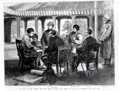 Muhammad Yaqub Khan (1849-1923) aláírta a békeszerződést Gundamakban 1879. május 26-án alkotó: English School