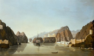 Muscat a kikötőből egy brit fregatttal a horgonyban, R. Temple hadnagy által készített Tizenhat kilátás a helyekről a Perzsa-öbölben, 1813-ban (akvatinta) alkotó: English School