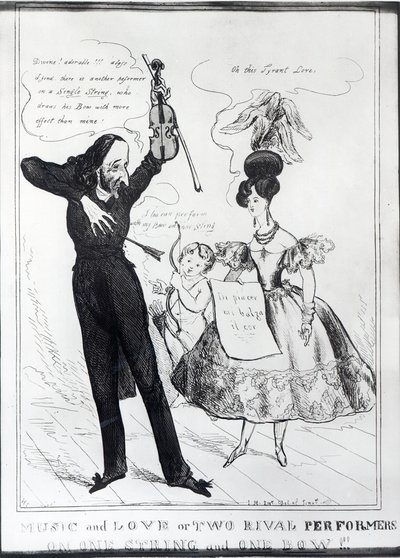 „Zene és szerelem vagy két rivális előadó egy húron és egy íjjal”, Hector Berlioz (1803-69) és Harriet Smithson (1800-54) karikatúrája alkotó: English School