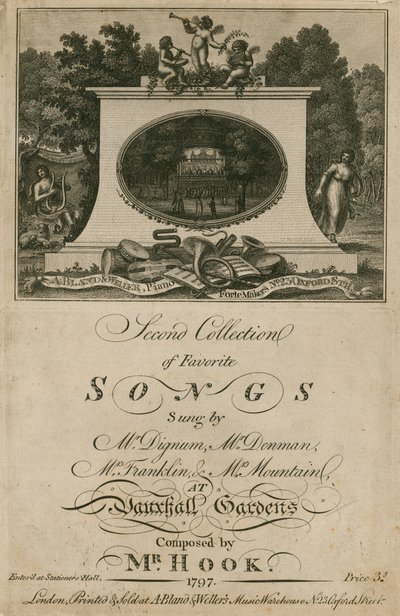A londoni Vauxhall Gardens-ben énekelt kedvenc dalokat összegyűjtő kotta Hook úr által alkotó: English School