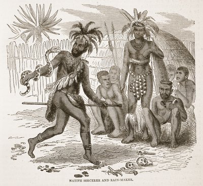 Natív varázsló és esőcsináló, illusztráció a David Livingstone élete és felfedezései képi kiadásából, J. Ewing Richie, pub. A. Fullarton & Co., 1876 alkotó: English School
