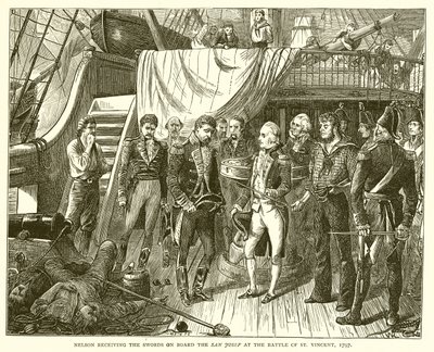 Nelson átvette a kardokat a San Josef fedélzetén a St. Vincenti csatában, 1797 alkotó: English School