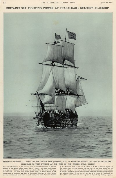 Nelsons Victory: annak a 100 ágyús hajónak a modellje, amelyen Trafalgarban harcolt és meghalt, a The Illustrated London News Royal Naval and Military Review számából, 1935. július 20. alkotó: English School