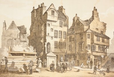 Netherbow House, Edinburgh, ahogy 1843-ban, John Howie „The Scots Worthies” című művéből, 1879-ben megjelent második kiadás alkotó: English School