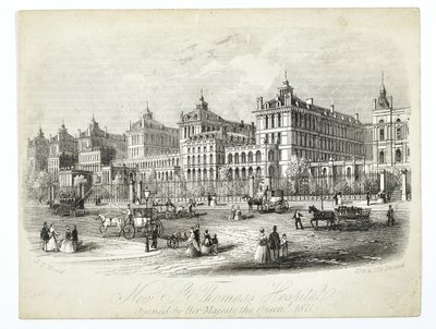 Új St. Thomass Kórház, amelyet Őfelsége, a Királynő nyitott meg 1871-ben, pub. J.T. Faipari alkotó: English School