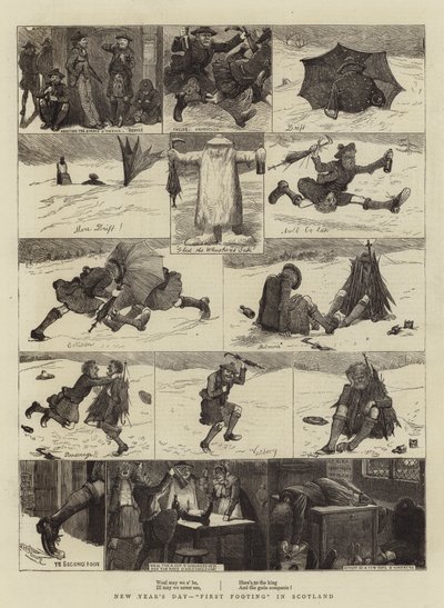 Újév napja, "First Footing" Skóciában (metszet) alkotó: English School