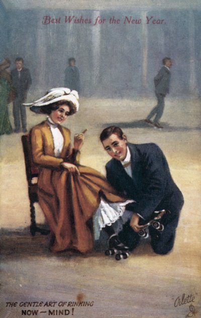 Újévi kártya görkorcsolyázókkal (színes litho) alkotó: English School