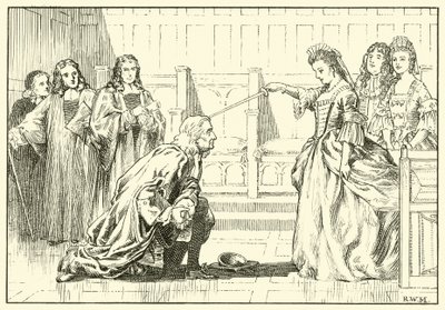 Anne királynő lovaggá ütötte Newtont (tintával a papíron) alkotó: English School