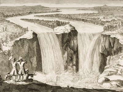Niagara-vízesés, Hennepin atya 1677-ben készített vázlata után, a Religious Tract Society által 1876-ban kiadott „American Pictures”-ből alkotó: English School