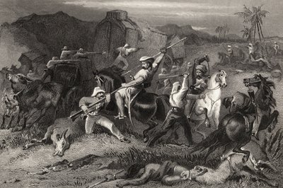 Night Sortie és támadás a poggyászkocsik ellen, az 1858-ban megjelent „The History of the Indian Mutiny” c. alkotó: English School