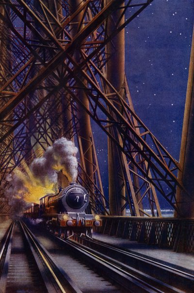 Éjszakai vonat átkel a Forth Bridge-en, Skócia (színes litho) alkotó: English School