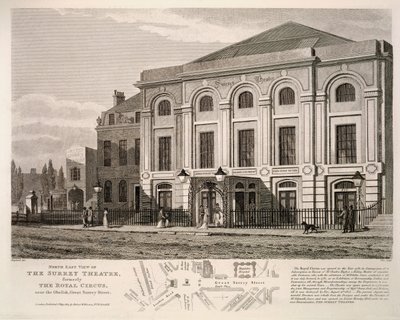 Északkeleti kilátás a Surrey Színházra, korábban a Királyi Cirkuszra az obeliszk közelében, Great Surrey Street, 1814 alkotó: English School