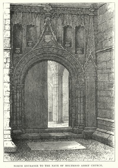 A Holyrood Abbey templom hajójának északi bejárata (metszet) alkotó: English School