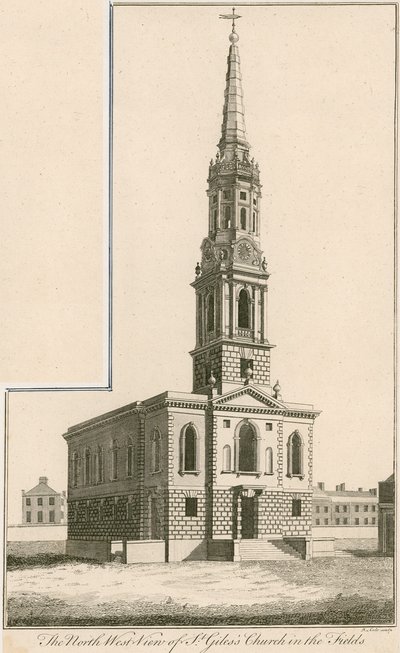 Északnyugati kilátás a St Giles-templomra a Fieldsben, Londonban alkotó: English School