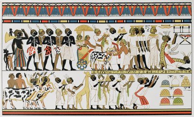 Núbiai főnökök ajándékot hoznak Egyiptom királyának, egy ókori egyiptomi falfestmény másolata egy thébai sírból, Kr.e. 1380 körül, Az emberiség története III. kötetéből, Friedrich Ratzel professzor, 1898 alkotó: English School