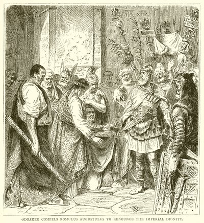 Odoaker kényszeríti Romulus Augustulust, hogy mondjon le a császári méltóságról alkotó: English School