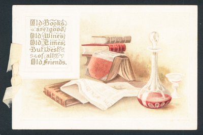 Régi könyvek és boroskancsó, karácsonyi kártya alkotó: English School