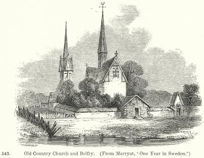 Régi vidéki templom és harangtorony (metszet) alkotó: English School