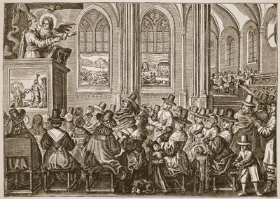 Oliver Cromwell prédikál egy puritán gyülekezetnek, illusztráció a The Church of England: A History for the People-ből, H.D.M. Spence-Jones, kocsma. 1910 körül (szépia fotó) alkotó: English School