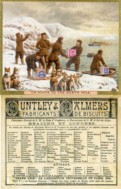 Útban az Északi-sarkra, a francia piacra gyártott Huntley & Palmers Biscuits promóciós kártyájának eleje és hátulja, 1890 alkotó: English School