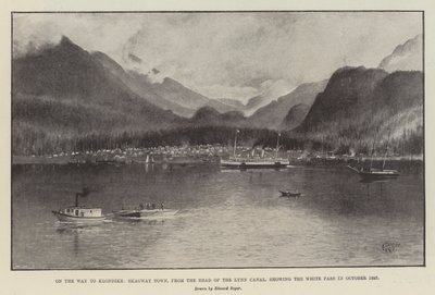 Útban Klondike felé, Skagway Town, a Lynn-csatorna fejétől, a White Pass bemutatásával 1897 októberében (litho) alkotó: English School