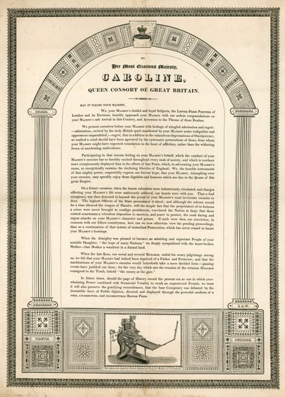 Nyílt levél Caroline-nak, Nagy-Britannia királynőjének a londoni magasnyomtatóktól alkotó: English School