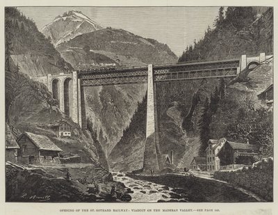 A St Gothard vasút, a Maderan-völgyi viadukt megnyitása (metszet) alkotó: English School