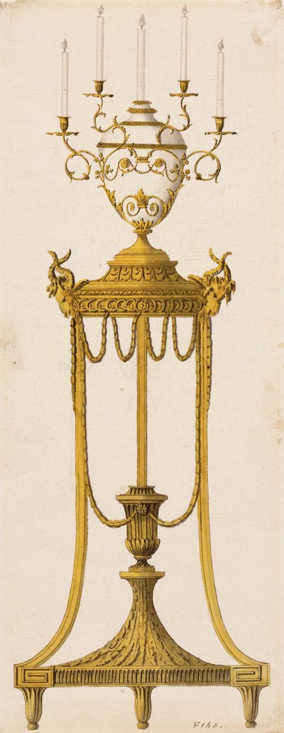 Eredeti terve háromlábú állványhoz és gyertyákhoz való vázához, a "Works in Architecture" című művéből, Robert és J. Adam, 1773 alkotó: English School