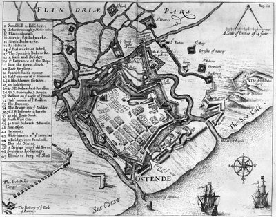 Ostende, a "Commentaries, Being Diverse pieces of service, wherein he was command" (Kommentárok, sokféle szolgálat, ahol ő volt a parancsnokság) című könyvéből, Vere Ferenc (1560-1609), pub. William Dillingham, 1657 (metszet) alkotó: English School