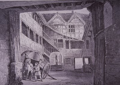 Ostler ló kíséretében a New Inn udvarán, Gloucesterben (fametszet) alkotó: English School