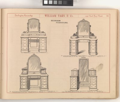 Oldal a "William Tarn and Co. Illustrated Catalogue"-ból: bútorok, ágyneműk stb. áraival, 1890-1900 (litho) alkotó: English School