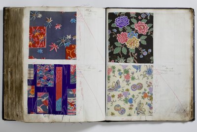 Oldalak egy textilmintákat tartalmazó könyvből, kézzel megjelölve az 1887-94 közötti dátumtartománnyal (toll és tinta, valamint textil papíron) alkotó: English School